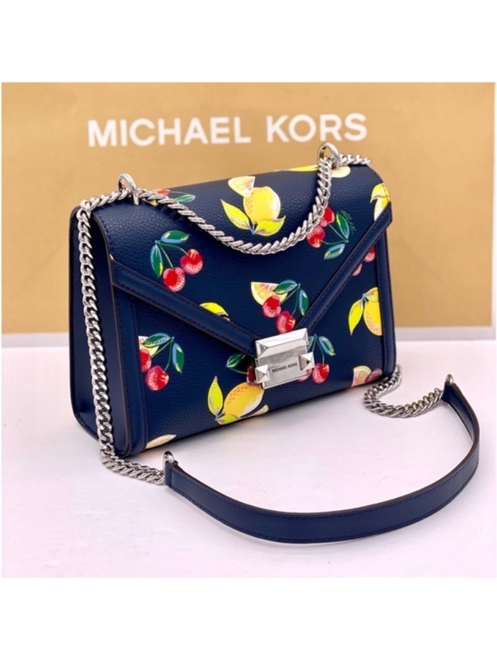 Michael Kors Whitney Medium Sequined Fruit Print Shoulder Crossbody Bag Navy